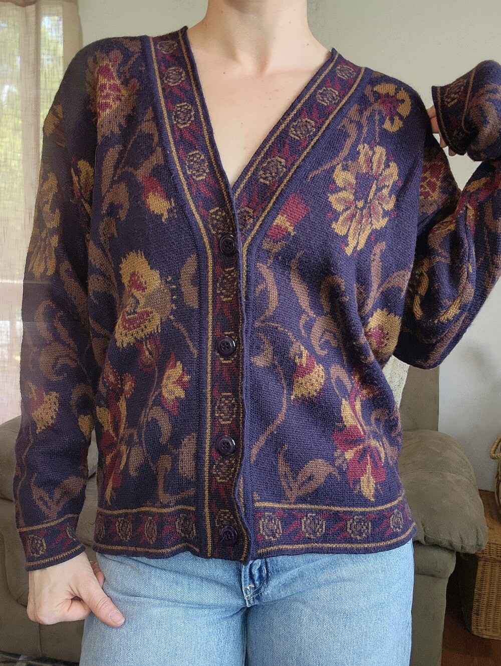 Vintage Rena Rowan For Saville Floral Print Button Up Cardigan Size Medium